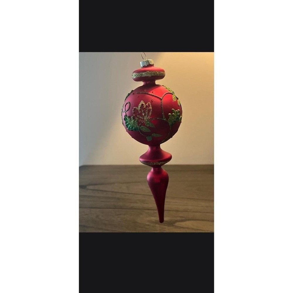 Vintage Hand Blown Glass Finial Christmas Ornament 7.5" Matte Cranberry Red Flor